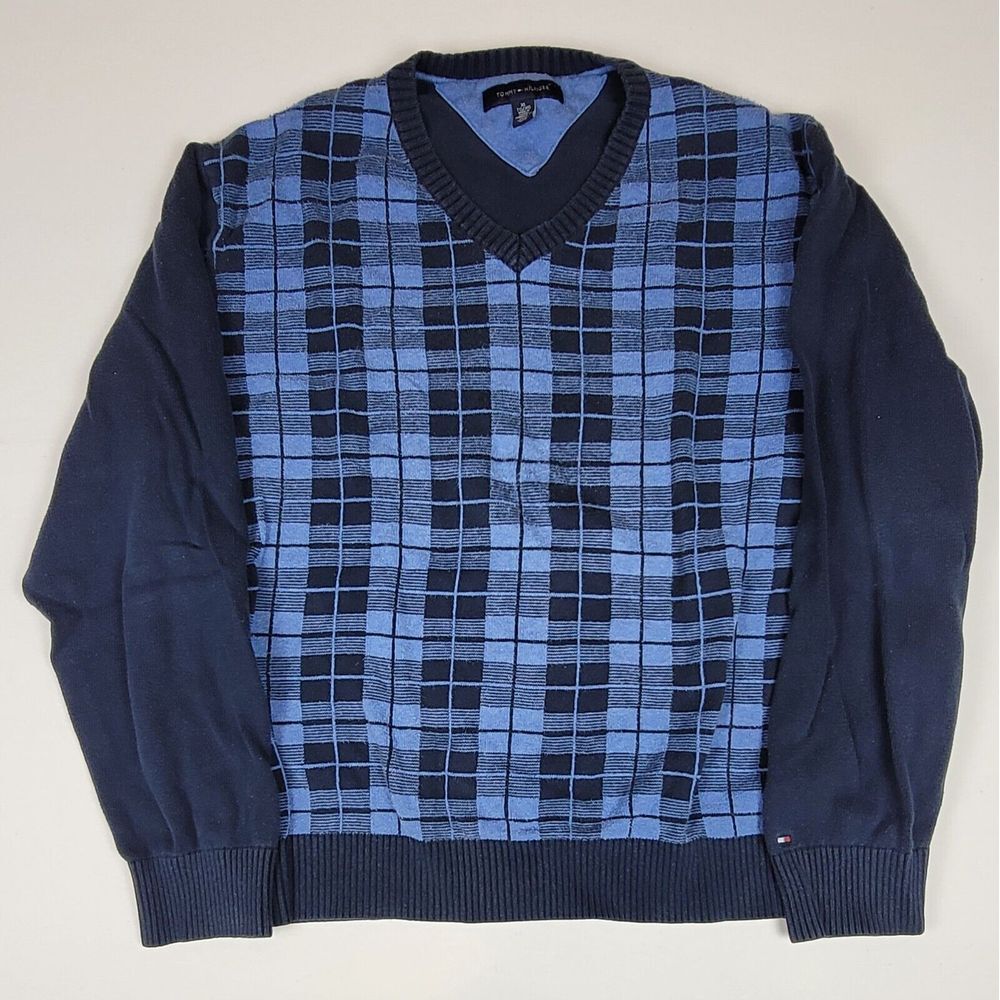 Tommy Hilfiger Sweater Mens XL. Vintage V-Neck Plaid Longsleeve.